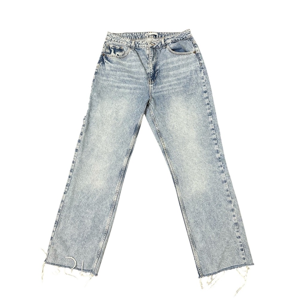 Zara Light Wash High Rise Straight Leg Raw Hem Denim Jeans Women's Size 10